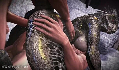Male warriors fuck in two holes a busty lizard from the game Skyrim