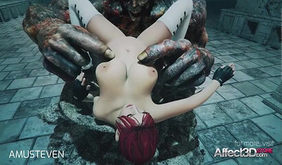 An ancient monster fucks Lara Croft from Tomb Raider in an abandoned tomb