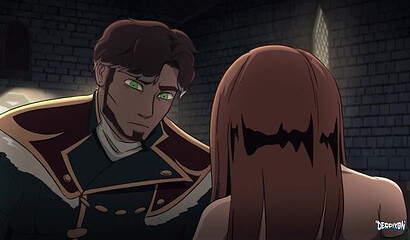 Horrible demoness spread her legs in front of young prince in anime porn cartoon