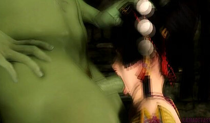 A dirty orc with a futanari cock fucks the hottie Nyotenga from the game Dead or Alive