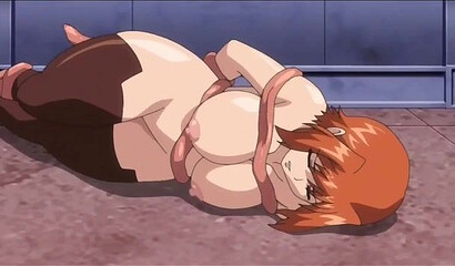 Monster tentacles deeply penetrate the vagina of hentai girl with large breasts