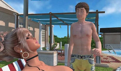 Teenagers fuck a blonde milf with big 3D tits by the pool