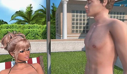 Teenagers fuck a blonde milf with big 3D tits by the pool