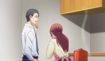 Romantic sex in anime cartoon with busty dark-haired beauty