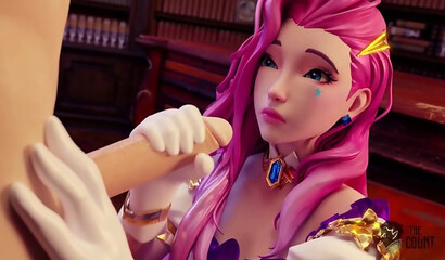 Little Serafina from the League of Legends game jerks off and sucks a guy's dick