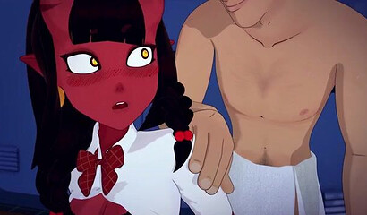 Big guys raped Meru's cartoon succubus in the locker room.
