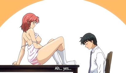 Busty anime hottie sucks under the table and fucks her stepbrother