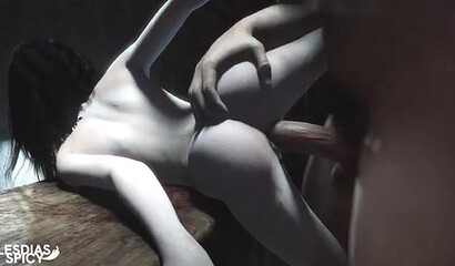 3D porn parody: Sadako Yamamura climbed out of the TV right onto a guy's dick