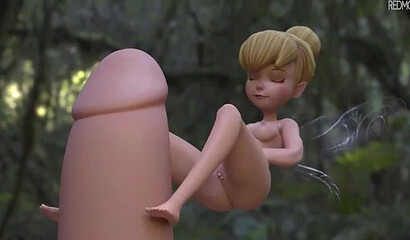 Little fairy Tinker Bell is in the woods playing with Peter Pan's big cock