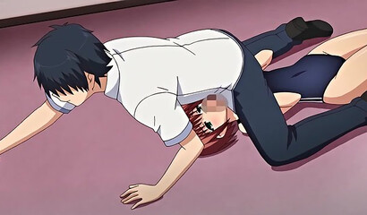 The heroine of a Japanese hentai cartoon fucks in the locker room with her stepbrother