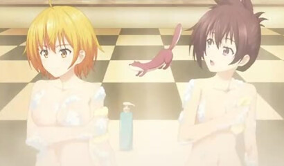 Naked girls in the bathroom discussing a guy's dick in an anime cartoon without censorship
