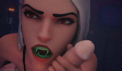 Vampire Ash from the game Overwatch sucks the cock of futanari bound Mercy