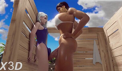 Futa heroines from the game Overwatch Farah and Ash fuck in a locker room on the beach