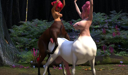 Forest futa satyr girl fist-fucking big centaur girl's cunt