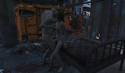 Ugly ghoul from the Fallout 4 game roughly fucks a girl with tattoos