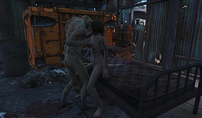 Ugly ghoul from the Fallout 4 game roughly fucks a girl with tattoos