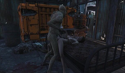 Ugly ghoul from the Fallout 4 game roughly fucks a girl with tattoos