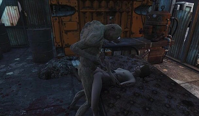 Ugly ghoul from the Fallout 4 game roughly fucks a girl with tattoos