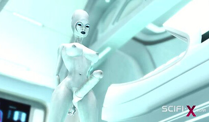 An alien with a big futa cock fucks a bald girl in a 3D sex cartoon