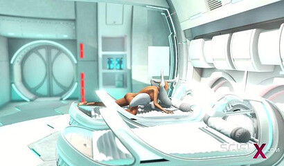 An alien with a big futa cock fucks a bald girl in a 3D sex cartoon