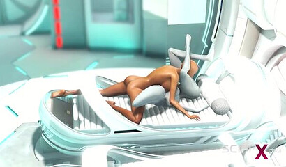 An alien with a big futa cock fucks a bald girl in a 3D sex cartoon