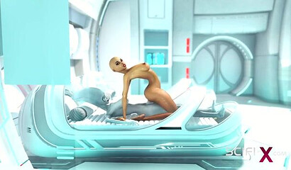 An alien with a big futa cock fucks a bald girl in a 3D sex cartoon
