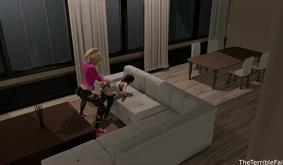 Tall blonde with big futanari cock fucks girlfriend in 3D cartoon