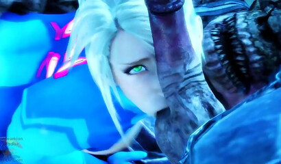 Sexy Samus Aran from Metroid rides a scary monster's cock