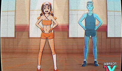 Anime girl trainer sucks the assistant's dick in the restroom