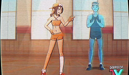 Anime girl trainer sucks the assistant's dick in the restroom