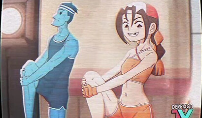 Anime girl trainer sucks the assistant's dick in the restroom