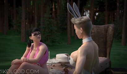 Alice with a futanari cock fucks a sexy rabbit while traveling through the Looking Glass