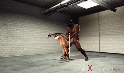 Masked maniac fucks a busty 3D beauty hard in a secret lab