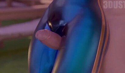 Asian girl Chun Li from the fighting game Street Fighter jerks a guy's big dick between her legs