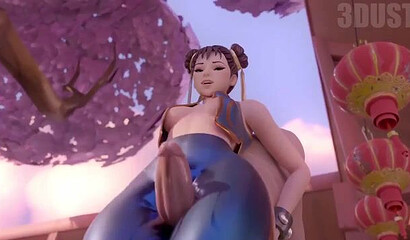 Asian girl Chun Li from the fighting game Street Fighter jerks a guy's big dick between her legs