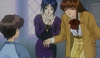 An anime teenager peeped on two lesbians and got into a threesome