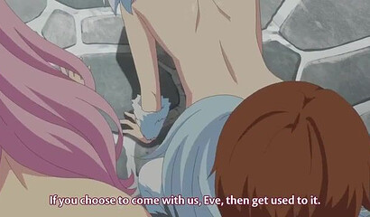 A succubus watches harem girls fuck a hentai cartoon character