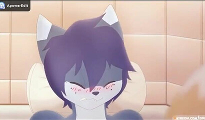 Fluffy cat fucks sexy vixen from anime cartoon in the bathtub