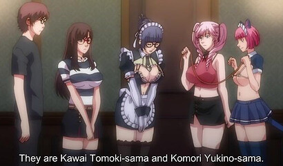 Two busty hentai hotties dominate a submissive guy with glasses