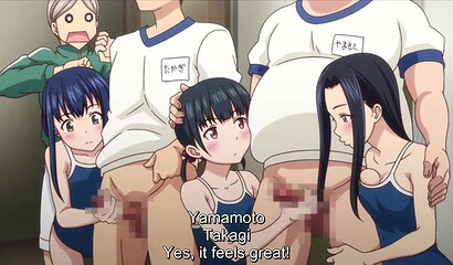 Guys fuck a hentai schoolgirl in a swimsuit next to a swimming pool