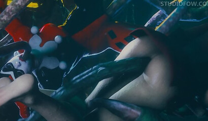 Alien monster's tentacles fuck Harley Quinn and Poison Ivy in 3D cartoon