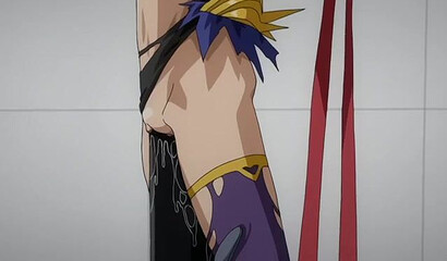 The evil professor from the hentai cartoon staked the sexy warrior girl