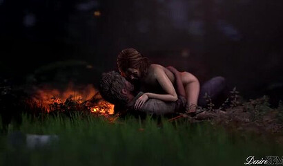 Ellie and Joel from The Last of Us have sex in the woods around a campfire
