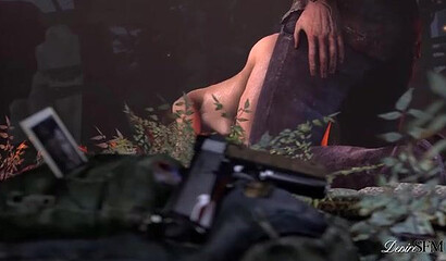 Ellie and Joel from The Last of Us have sex in the woods around a campfire