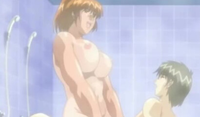 Muscular woman in hentai cartoon fucks teenager in shower