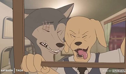 The gray wolf from the cartoon licks the dog's ass and fucks him doggy-style.