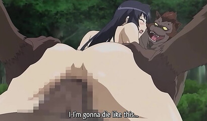 Animals with big dicks fuck a wounded hentai warrior in the woods