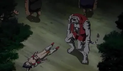 Animals with big dicks fuck a wounded hentai warrior in the woods 