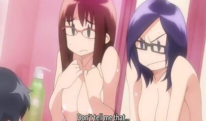 Busty hentai girl in swimsuit fucks in public shower with her brother