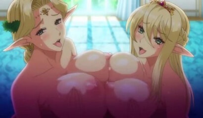 An elf queen and her princess daughter give a double blowjob in a hentai cartoon